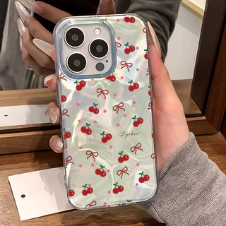 แฟชั่น เชอร์รี่🍒 เคสโทรศัพท์ For IPhone 12 13 15 16 11 14 Pro Max XR X 7 6S 8 6Plus XS Max SE เลเซอร์ แวววาว ตลกดีนะ เคส
