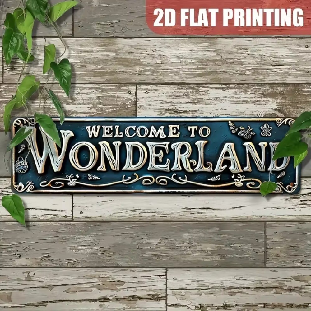 ก้าวสู่ความสําเร็จ! 157x39 นิ้ว Welcome to Wonderland Vintage Aluminium Sign, Ultimate Decor for Hom