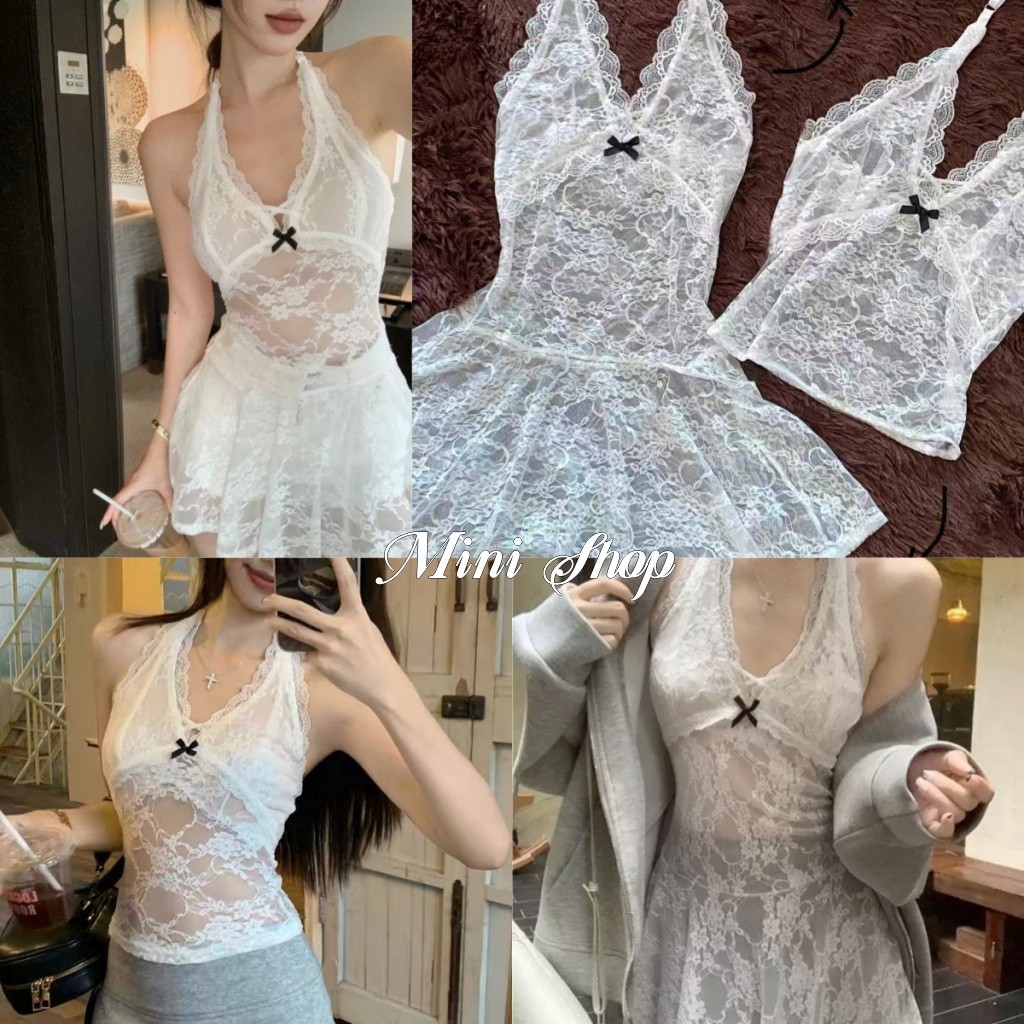 Mini shop🌸พร้อมส่ง🌸(FY2016/M0559)เสื้อคล้องคอลูกไม้ น่ารักมากๆ  ซีทรูเบาๆ สลิมฟิต เซ็กซี่ เสื้อยืดแฟชั่นเกาหลี