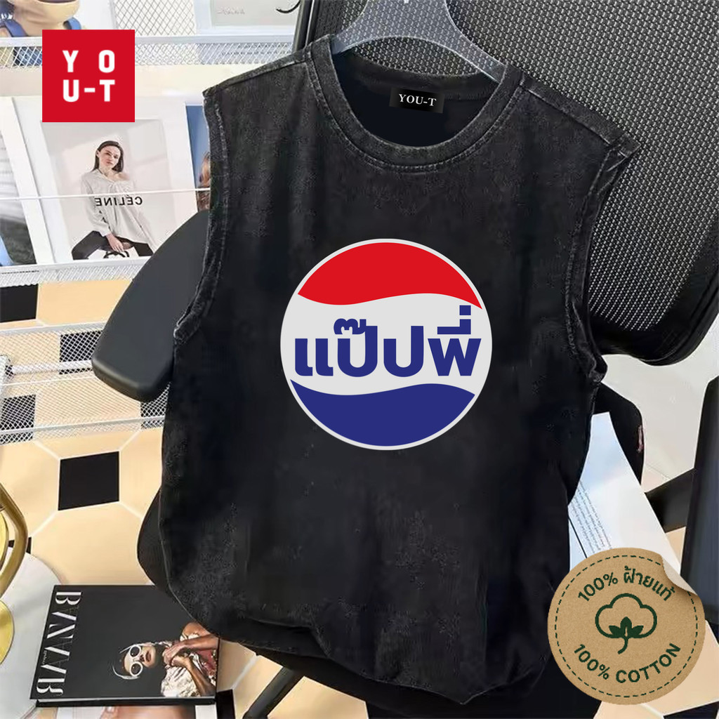 Y-T🥤เสื้อยืดแขนกุด ผ้าคอตตอน 100% ลาย "Red and blue" เสื้อกั๊กชาย สกรีนลาย ใส่สบาย ไม่หด เสื้อเชิ้ตสตรีทสไตล์เก๋ๆ เท่ๆ