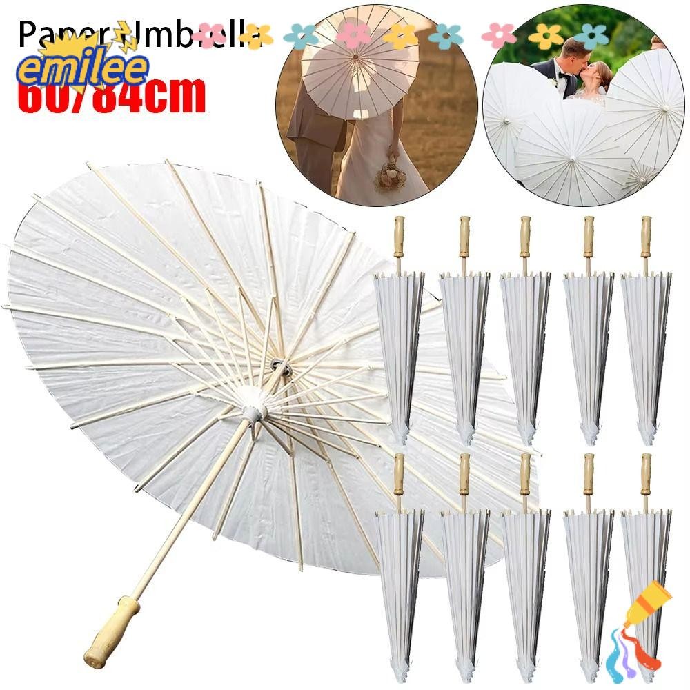 EMILEE 1 ชิ้นอุปกรณ์จัดงานแต่งงาน, แบบดั้งเดิมสีขาว Dia 60/84 ซม.กระดาษร่ม, ยาว-handle Blank DIY Handmade การถ่ายภาพ Prop สําหรับครบรอบงานแต่งงาน