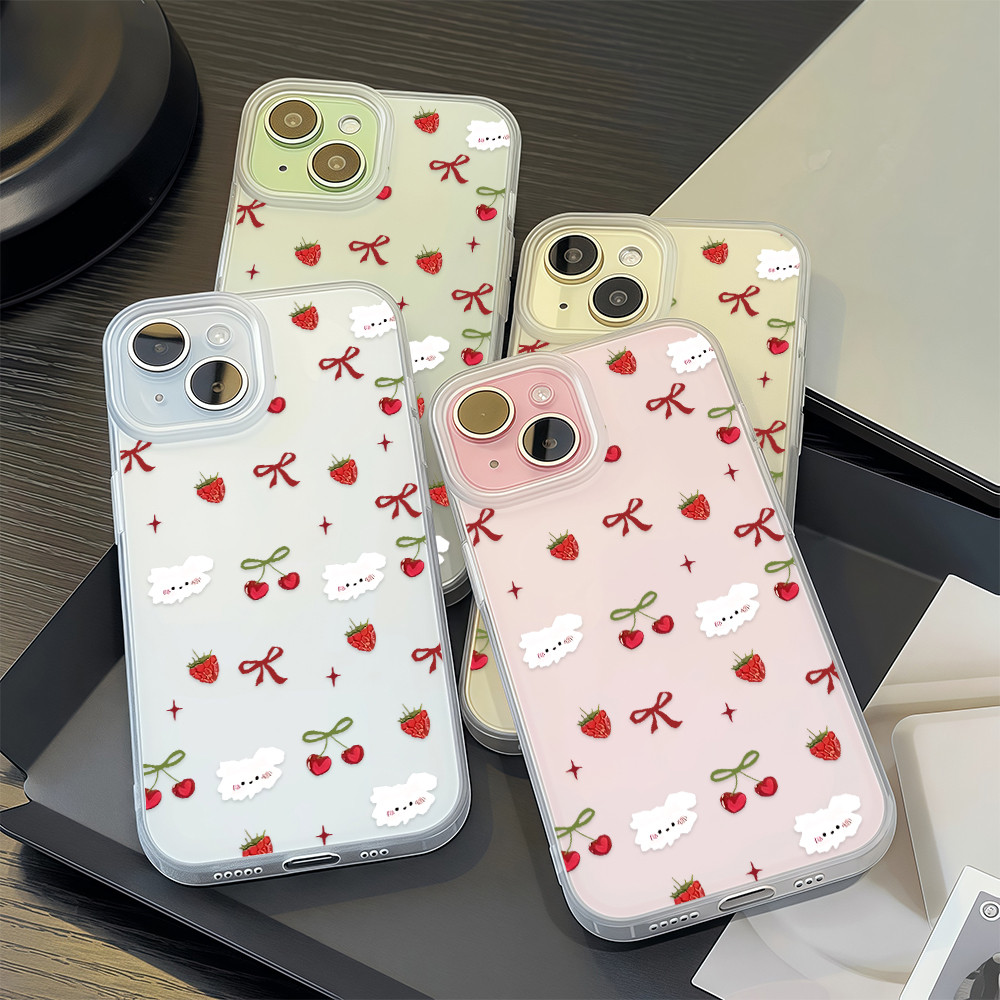 COD-ในไทย💥เคสน่ารัก โบว์สตรอเบอร์รี่ For iPhone 7 8 11 12 13 14 15 16 PRO MAX XS XR Plus กรณีโทรศัพท์ซิลิโคนด้าน Unisex