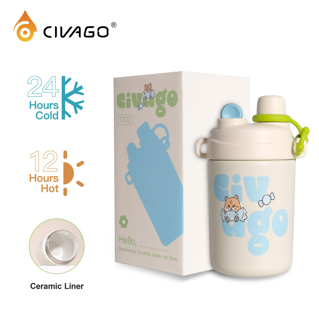 CIVAGO （17oz/510ml）แก้วน้ําฉนวนสุญญากาศพร้อมหลอดแก้วกาแฟเซรามิกความจุขนาดใหญ่สําหรับนักเรียนเด็ก