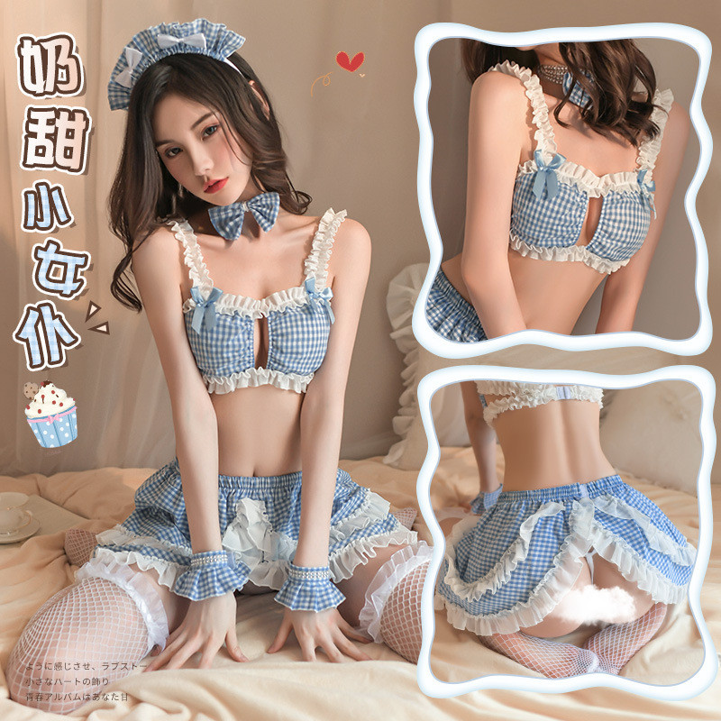 [RJ] สดสีฟ้าลายสก๊อต หวานใจ ชุดแม่บ้านชุดชั้นในเซ็กซี่คอสเพลย์ชุดแม่บ้าน