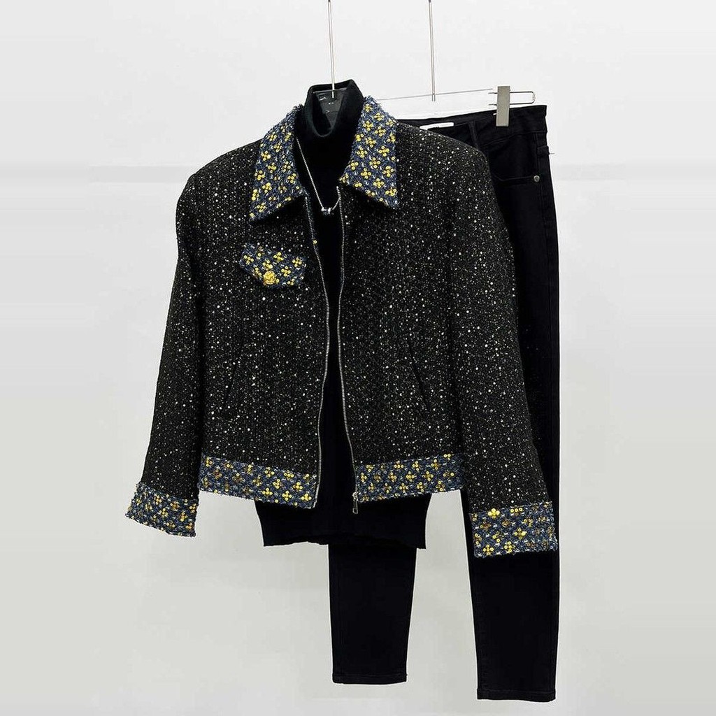 Tweed Heavy Industry Stitching Sequined เสื้อแจ็คเก็ตผู้ชายอินเทรนด์หลวมออกแบบแฟชั่นเสื้อผ้าผู้ชาย High-End สั้น Contrast สีแจ็คเก็ต [คลังสินค้าพร้อม]