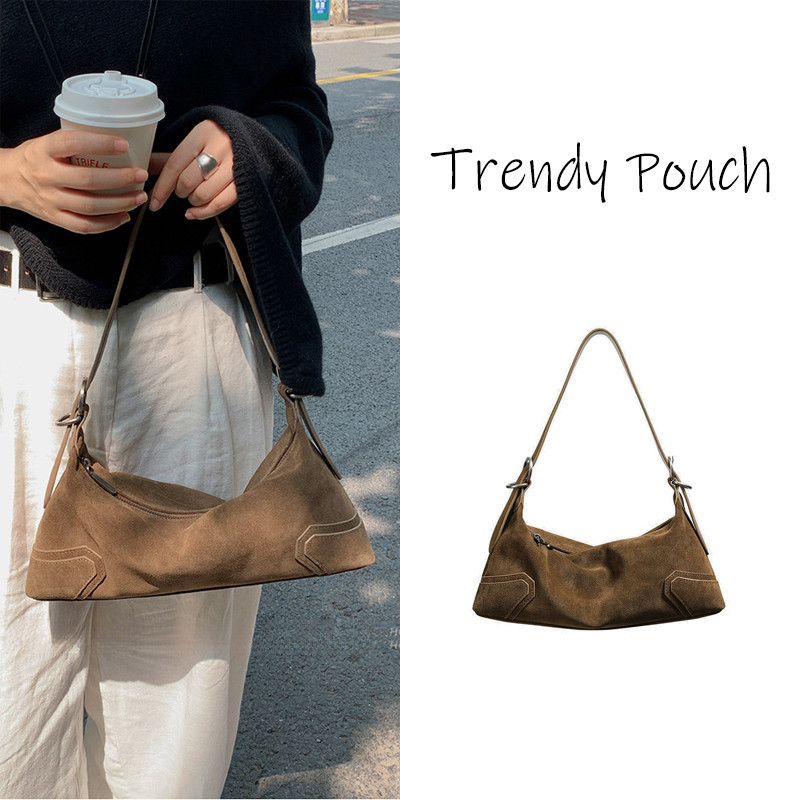 TRENDY POUCH หนังกลับ กระเป๋าสะพาย หรูหราเบา ๆ หนังนิ่ม สครับ ย้อนยุค Maillard กระเป๋าใต้วงแขน