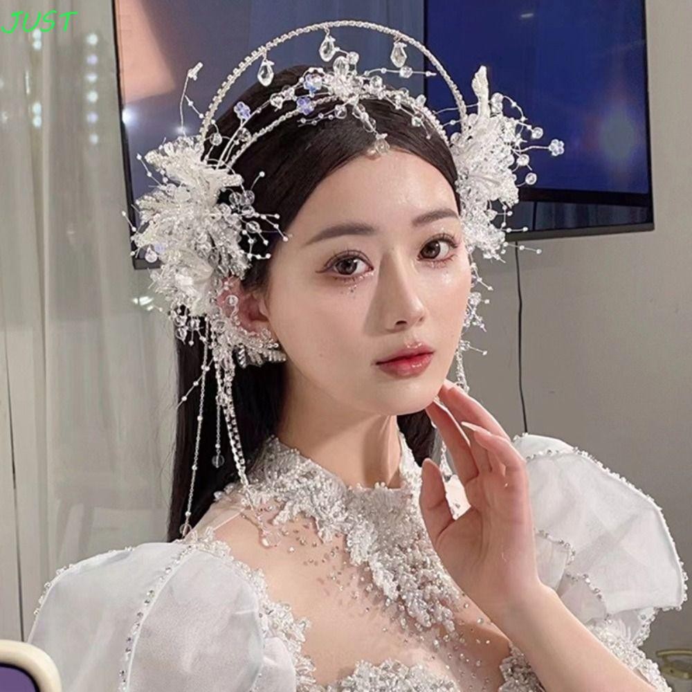 Just เจ้าสาวคริสตัลมงกุฎต่างหู, Fairy Shining คริสตัลผม Hoop Tiara, Sweet Jeweled หรูหราประณีตเครื่องประดับงานแต่งงานชุด Headdress