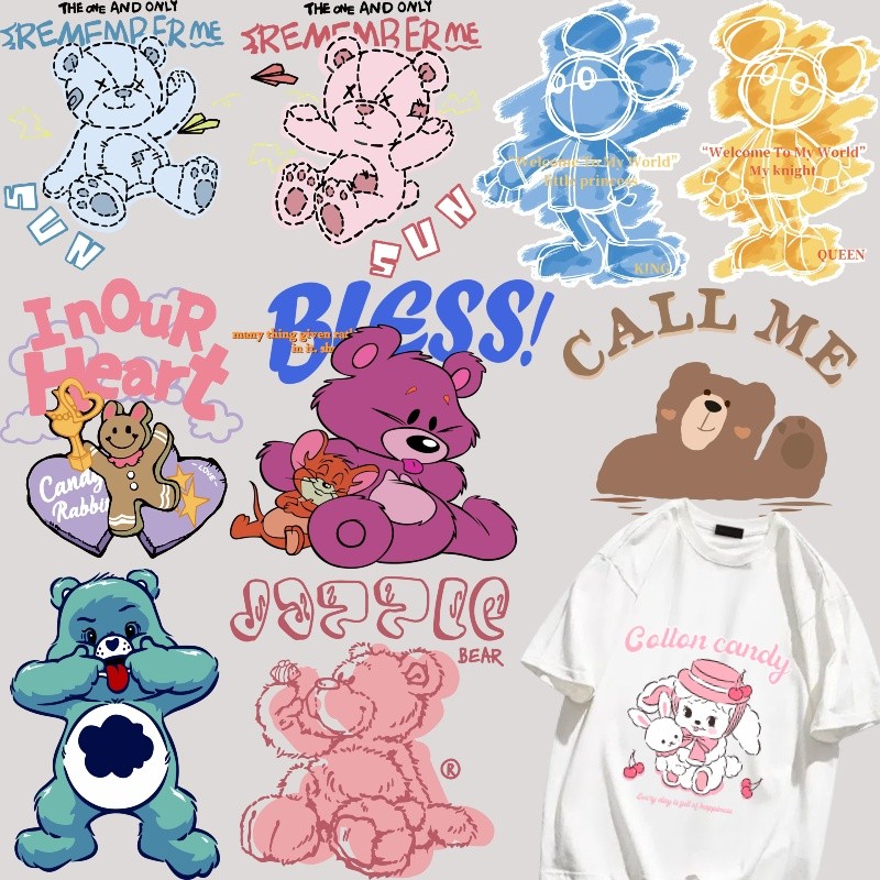 เสื้อยืดสติกเกอร์ปั๊มร้อนตุ๊กตาหมีน่ารัก ทําเอง การถ่ายเทความร้อนการพิมพ์สติกเกอร์ล้างน้ําตกแต่งผ้าสติกเกอร์