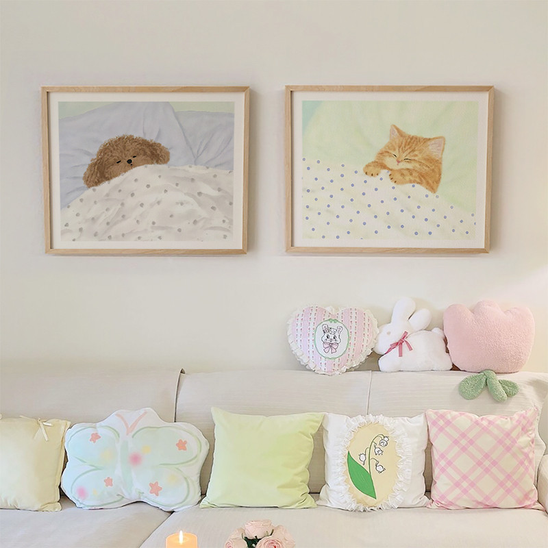 น่ารักการ์ตูนสัตว์แมวสุนัขผ้าใบภาพวาดหวานอบอุ่นพิมพ์ภาพโปสเตอร์