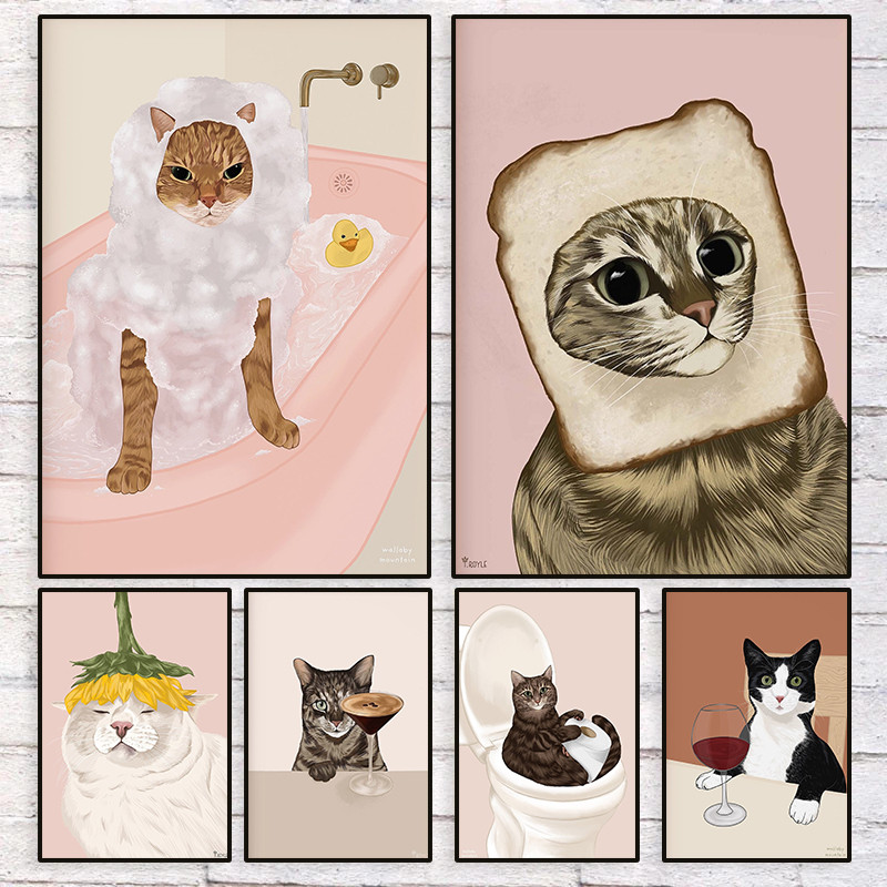 แมวตลกโปสเตอร์อาบน้ําแมวน่ารักภาพประกอบภาพวาดผ้าใบพิมพ์ภาพผนังที่ทันสมัยสําหรับห้องนั่งเล่นห้องน้ําตกแต่งบ้าน