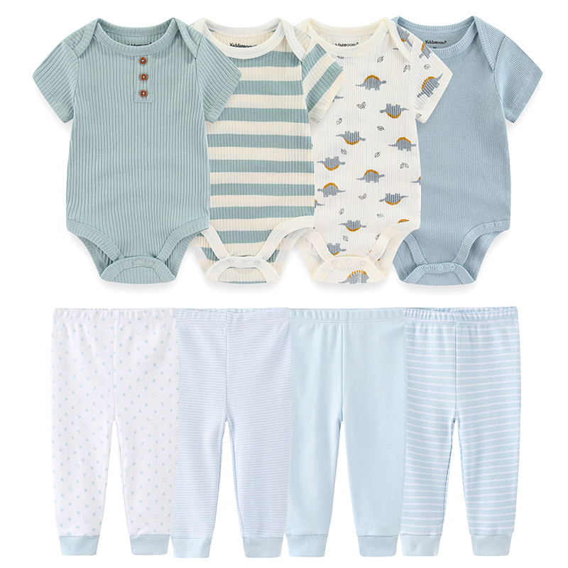 Kiddiezoom 8 ชิ้นเด็กบอดี้สูทกางเกง Unisex ชุดทารกแรกเกิดชุดเสื้อผ้าเด็ก