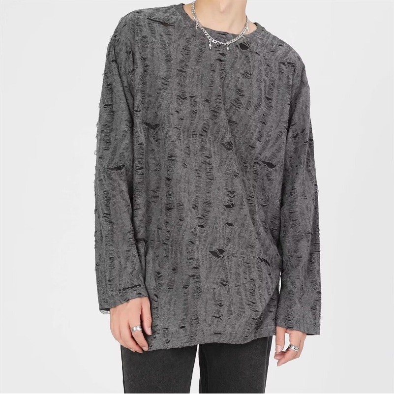 Niche Design Round Neck Ripped Long Sleeve Men