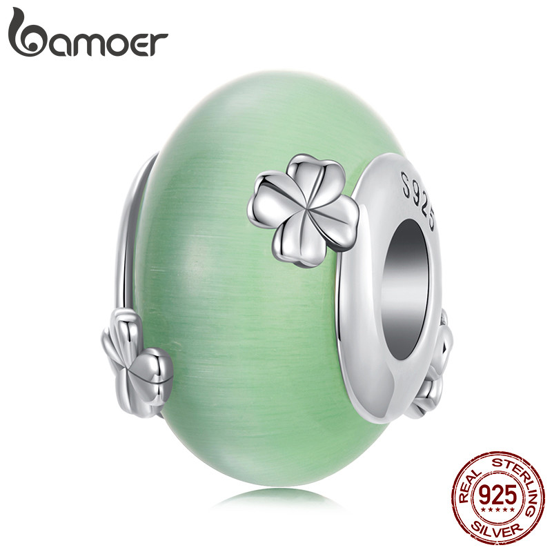 Bamoer จี้เงินแท้ 925 Four Leaf Clover ลูกปัดแก้วสร้อยข้อมือเครื่องประดับผู้หญิง