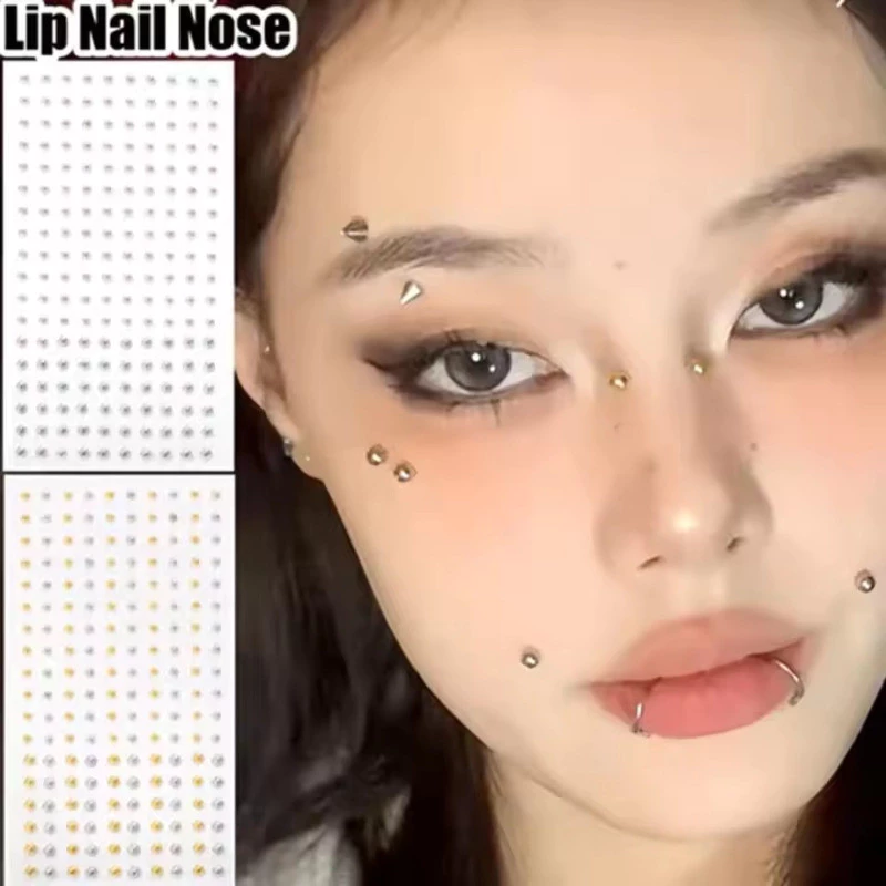 [3-5 วันมาถึง] 1/2 ชิ้นชุบโลหะ Sliver สีเพชร Lip Stud สติกเกอร์ - สําหรับคิ้วจมูกหู Face Body - Non Piercied, Self กาว, กันน้ํา - Diy แต่งหน้า Decor - Rhinestones แหวนจมูก