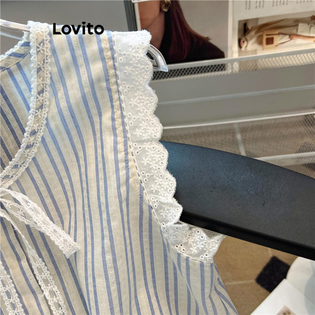 (Trendy) Lovito เสื้อกล้ามลําลองเสื้อกล้ามลูกไม้ลายทางสําหรับผู้หญิง LNE72075