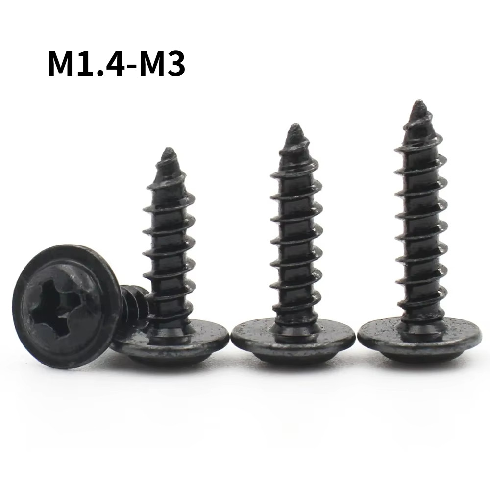 [HKH] M1.4 M1.7 M2 M2.3 M3 เหล็กคาร์บอนสีดํา Phillips Cross หัวกลมพร้อมเครื่องซักผ้าสกรูแตะตัวเอง