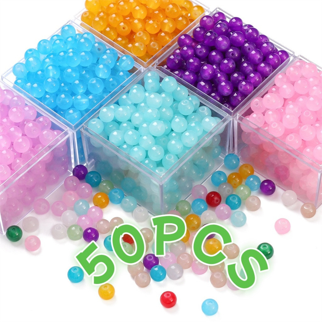 DIY ลูกปัดกลมสีถักด้วยมือ4mm/6mm/8mm ลูกปัดแก้ว50PCS