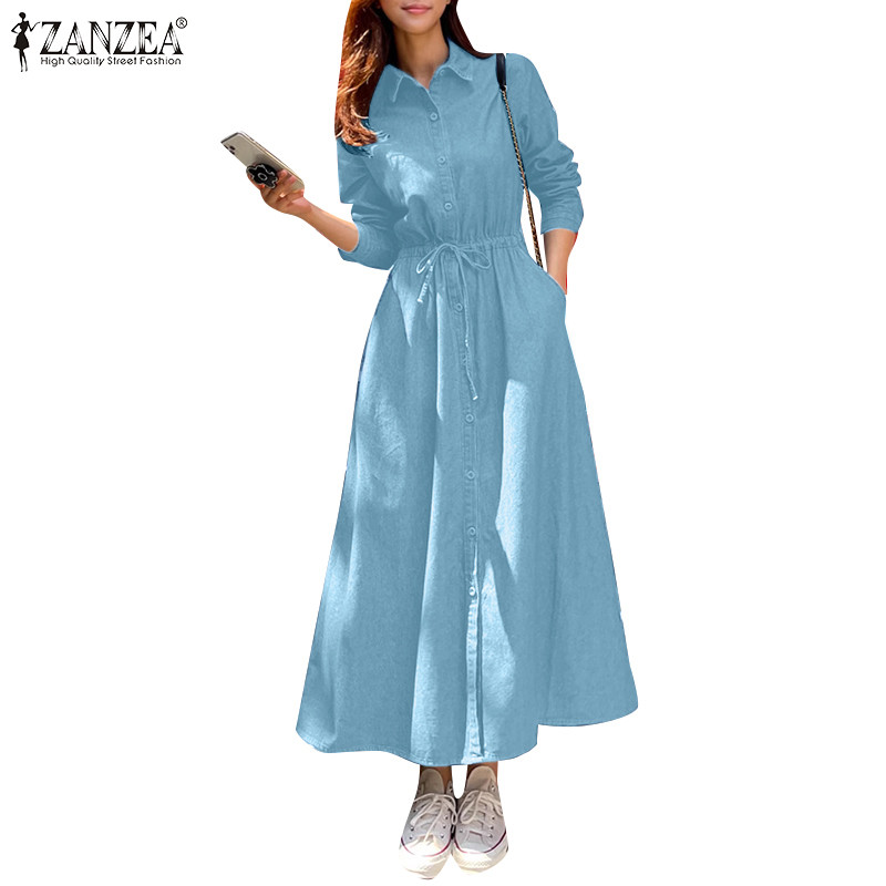 Zanzea ชุดเดรสวันพีซแขนยาวมีเชือกรูดแฟชั่นเกาหลีสําหรับผู้หญิง