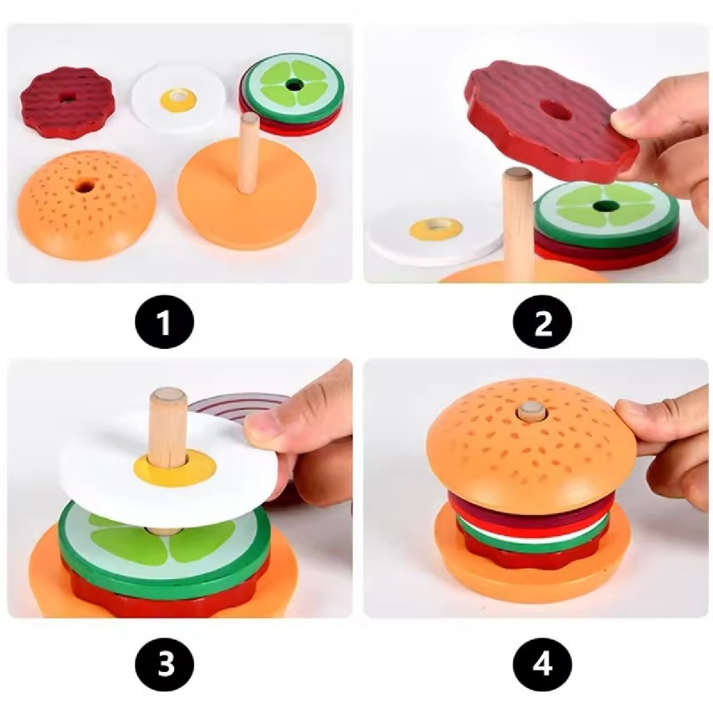ของเล่นแฮมเบอร์เกอร์ไม้ ชุดของเล่นทำอาหารแซนด์วิช DIY เสริมพัฒนาการเด็กMontessori ราคา ถูกที่สุด ดีลบีเคเค แกลเลอรีภาพที่ 9