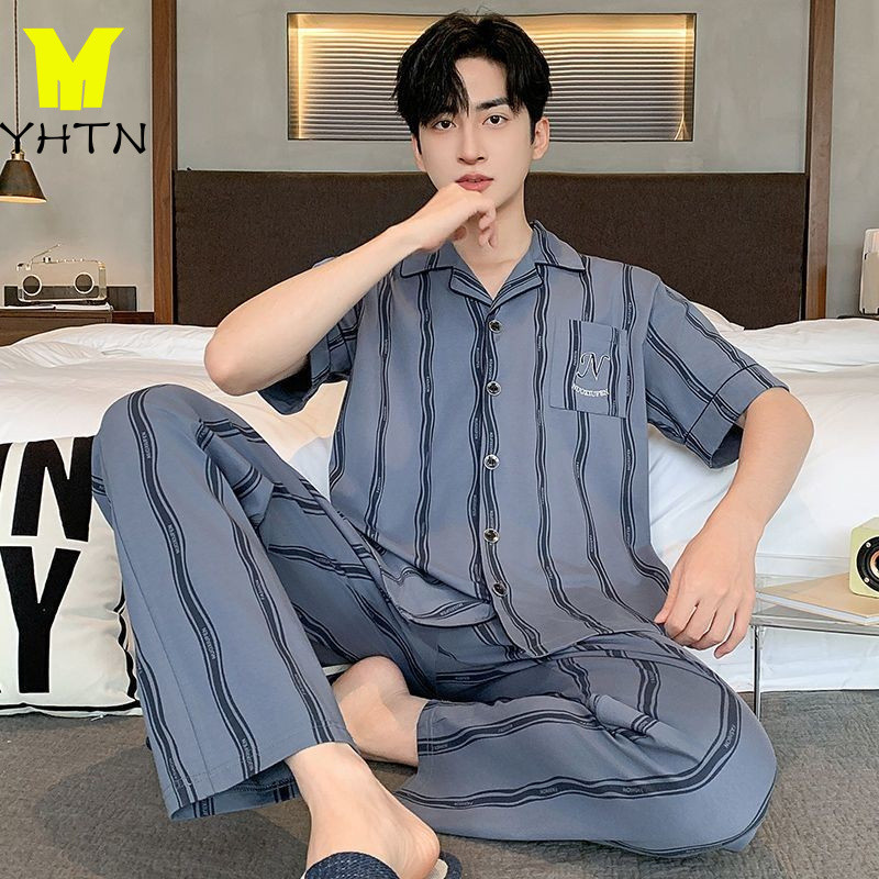 YHTN ชุดนอนผู้ชายขายาว นุ่มและสบาย ฤดูร้อน ชุดนอนผู้ชายขาสั้น ขนาดพลัส สินค้าใหม่ สันทนาการ คุณภาพสูง ชุดนอนชาย