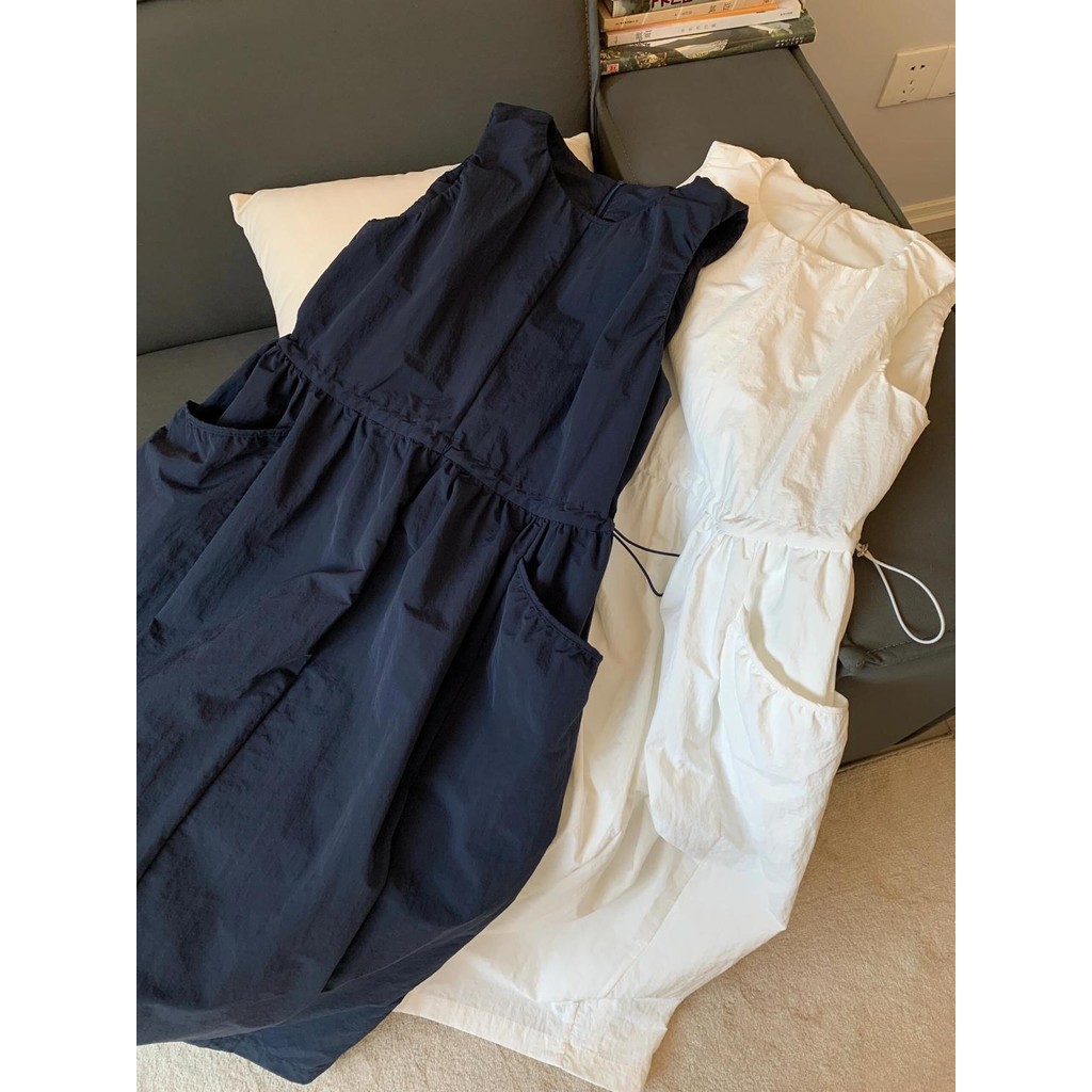 XYJ แฟชั่นเย็บสไตล์ Drawstring เอวแคบแขนกุด Overalls Vest Over-the-Knee กระโปรงยาว Quick-Drying