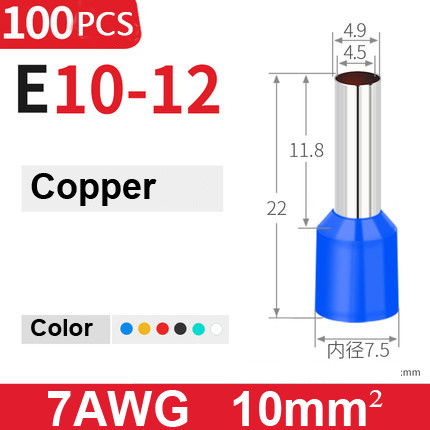 100 ชิ้น/ถุง E1012 ลวดไฟฟ้า Conector ลวด Ferrule Terminal Cable End