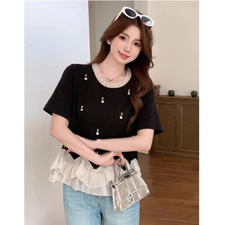 【S-6XL】 เสื้อยืด เสื้อเบลาส์ แขนสั้น คอระบายฟุ้งฟิ้ง ชายลูกไม้ ปักไข่มุก สไตล์คุณหนูวินเทจ ใส่สบาย