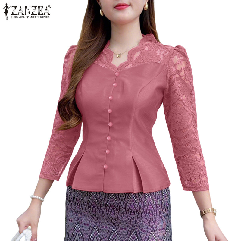 ZANZEA สเวตเตอร์ผู้หญิงสไตล์เกาหลี คอวี แขนสาม_quarter ลูกไม้ พัทช์เวิร์ค ทรงเอว