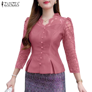 ZANZEA สเวตเตอร์ผู้หญิงสไตล์เกาหลี คอวี แขนสาม_quarter ลูกไม้ พัทช์เวิร์ค ทรงเอว