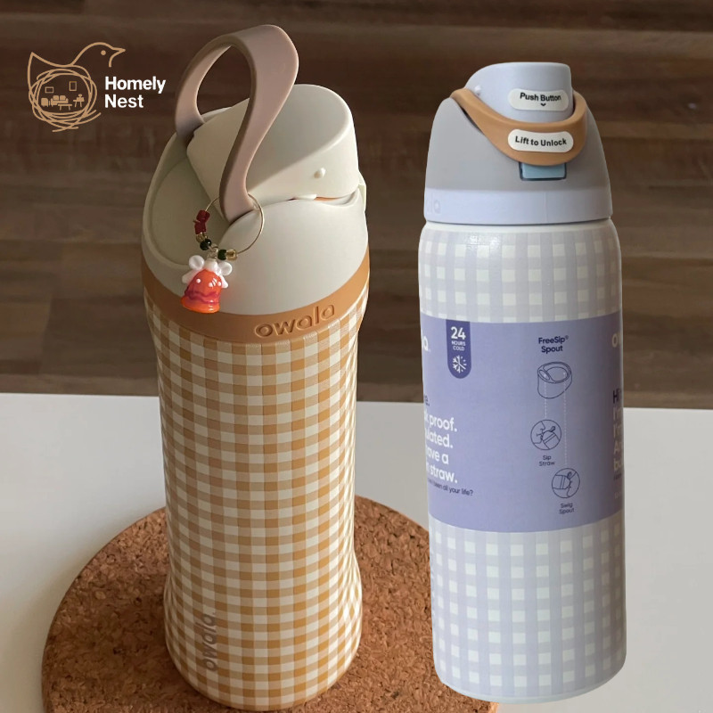 Owala FreeSip Cup ขวดน้ําฉนวนพร้อมฟาง 32oz 24oz ลายสก๊อตสไตล์สแตนเลสสูญญากาศผนังคู่ขวดเดินทางแบบพกพา BPA-Free