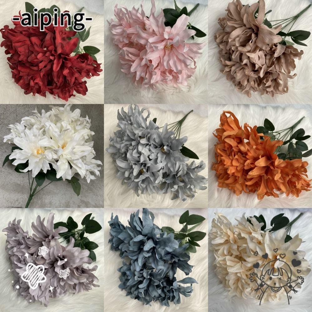 Aiping Dahlia Bunch ดอกไม้, 7 หัวดอกไม้ Dahlia ดอกไม้ประดิษฐ์, ผ้าแปรง DIY 45 ซม. ดอกไม้ปลอมงานแต่งงาน