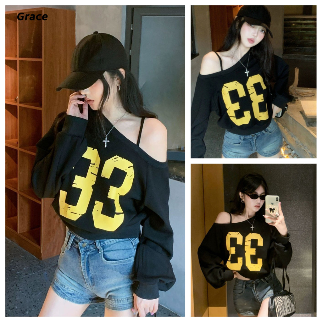[Grace] Black Cool Sweatshirt 2025 Loose Fashion Short Style Grunge Style Sweatshirt GR416 #