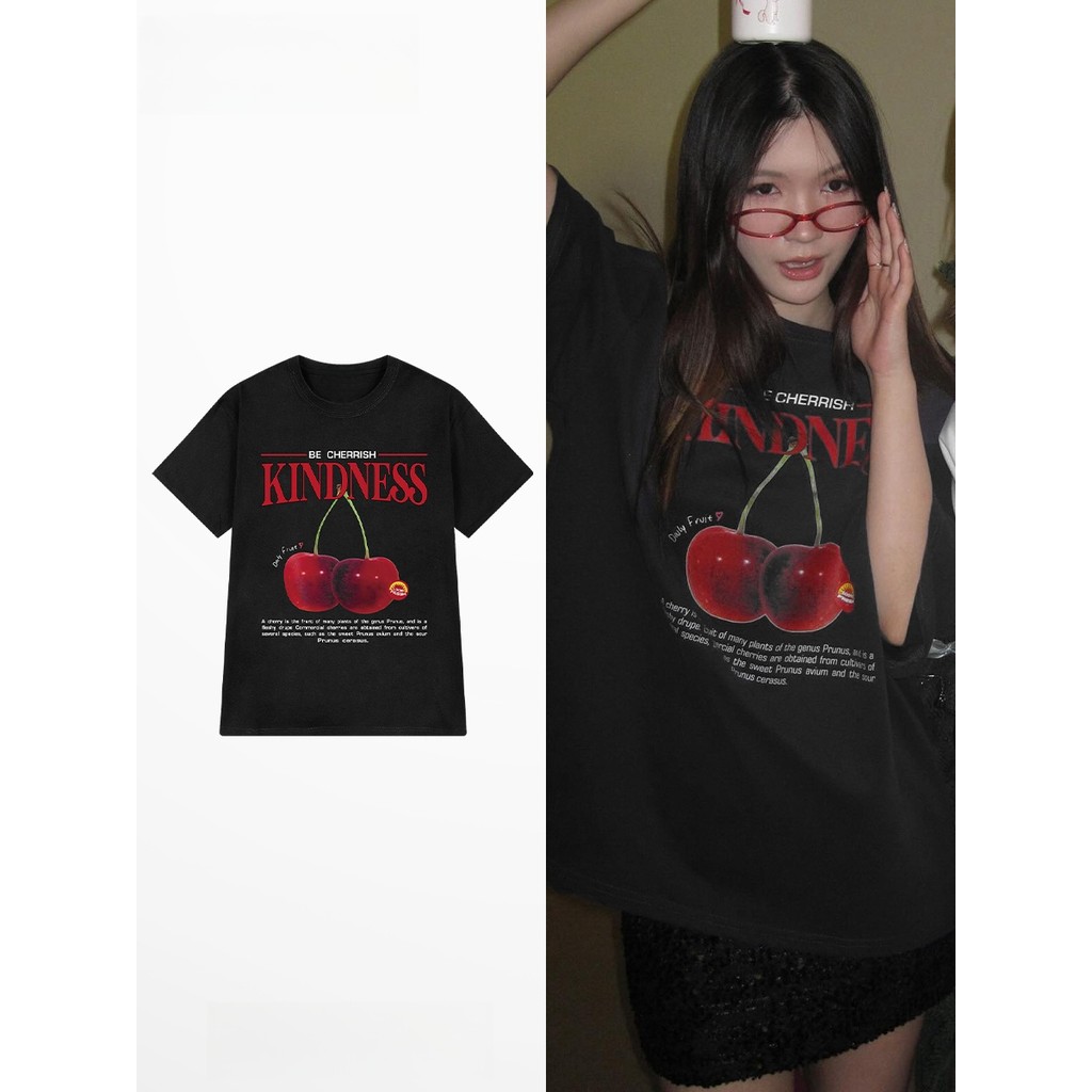 เสื้อยืดแขนสั้นพิมพ์ลายตัวอักษรเชอร์รี่สำหรับผู้ชายและผู้หญิงเสื้อผ้าแขนสั้นหลวมแบรนด์อินเทรนด์ใหม่