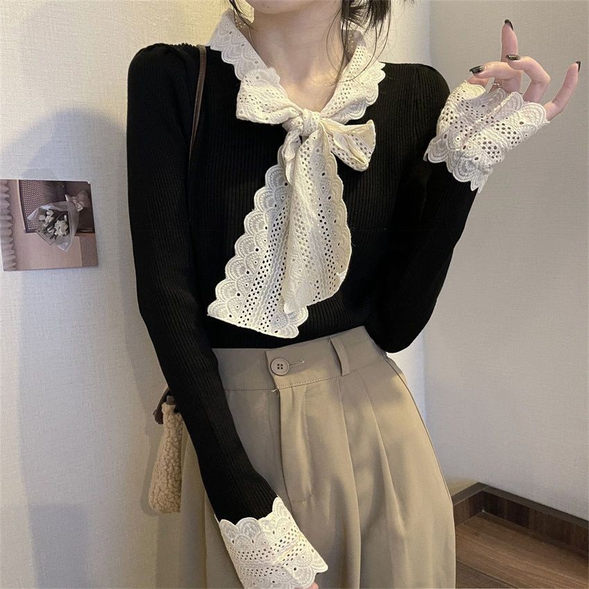 <โปรโมชั่นปีใหม่> Commuter Urban Knitwear French New Style Lace Bow Lace Lace Lace Slim Design เสื้อ