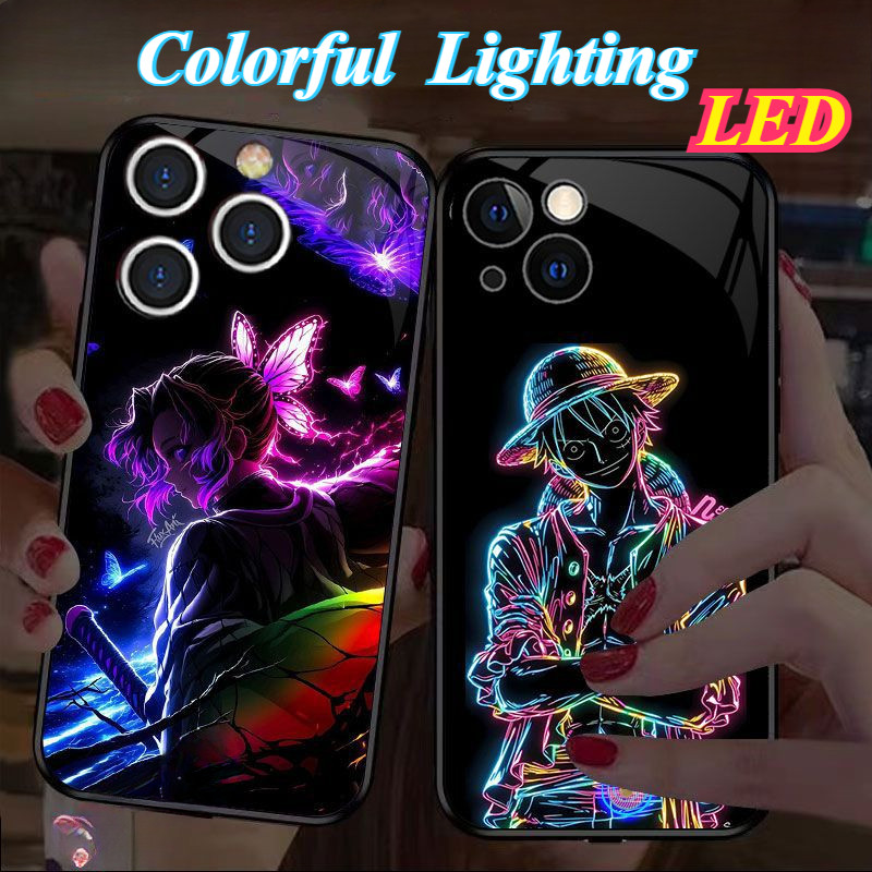 One Piece แก้วไฟ LED เรืองแสงเคสโทรศัพท์ Protector สําหรับ iPhone 16promax 16pro 16 15 15Promax 15pro 14Promax 14pro 14 13Promax 13 13pro 12ProMax 12pro 11ProMax 11pro 12 11