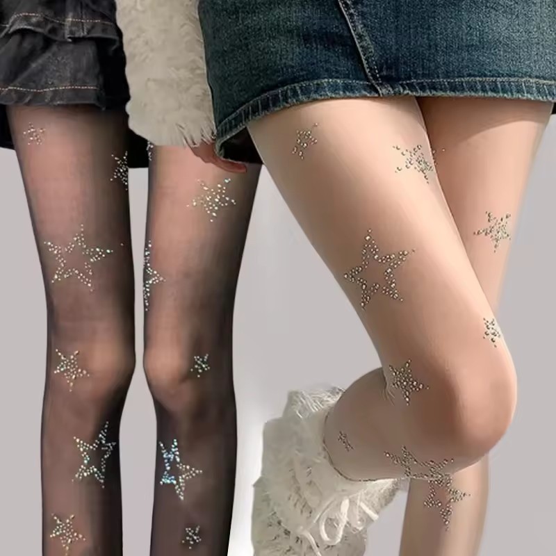 Y2k Star เพชร Rhinestone รูปแบบเซ็กซี่ Pantyhose ผู้หญิงต้นขาสูงถุงน่อง JK Lolita สาว Kawaii Bling ชุดชั้นใน Tights