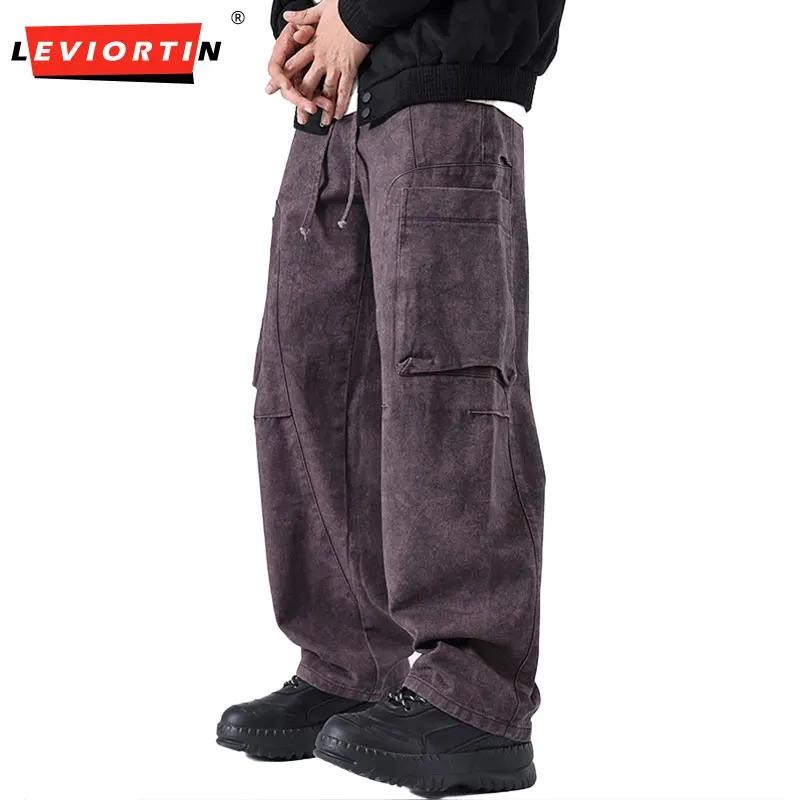 Mens Heavy-Duty Dirty-Looking Curved Saber Workwear Pants Fashion Outdoor Straight Tube Pure Cotton 