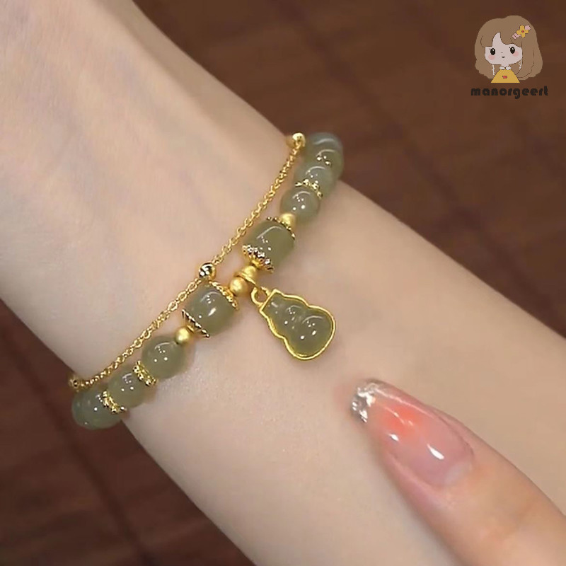 [แท้จริง] สไตล์จีนเลียนแบบหยกมะระจี้สร้อยข้อมือสําหรับผู้หญิงสาวสองชั้นโซ่โชคดีลูกปัดสร้อยข้อมือเครื่องประดับพรรคของขวัญ ไทย