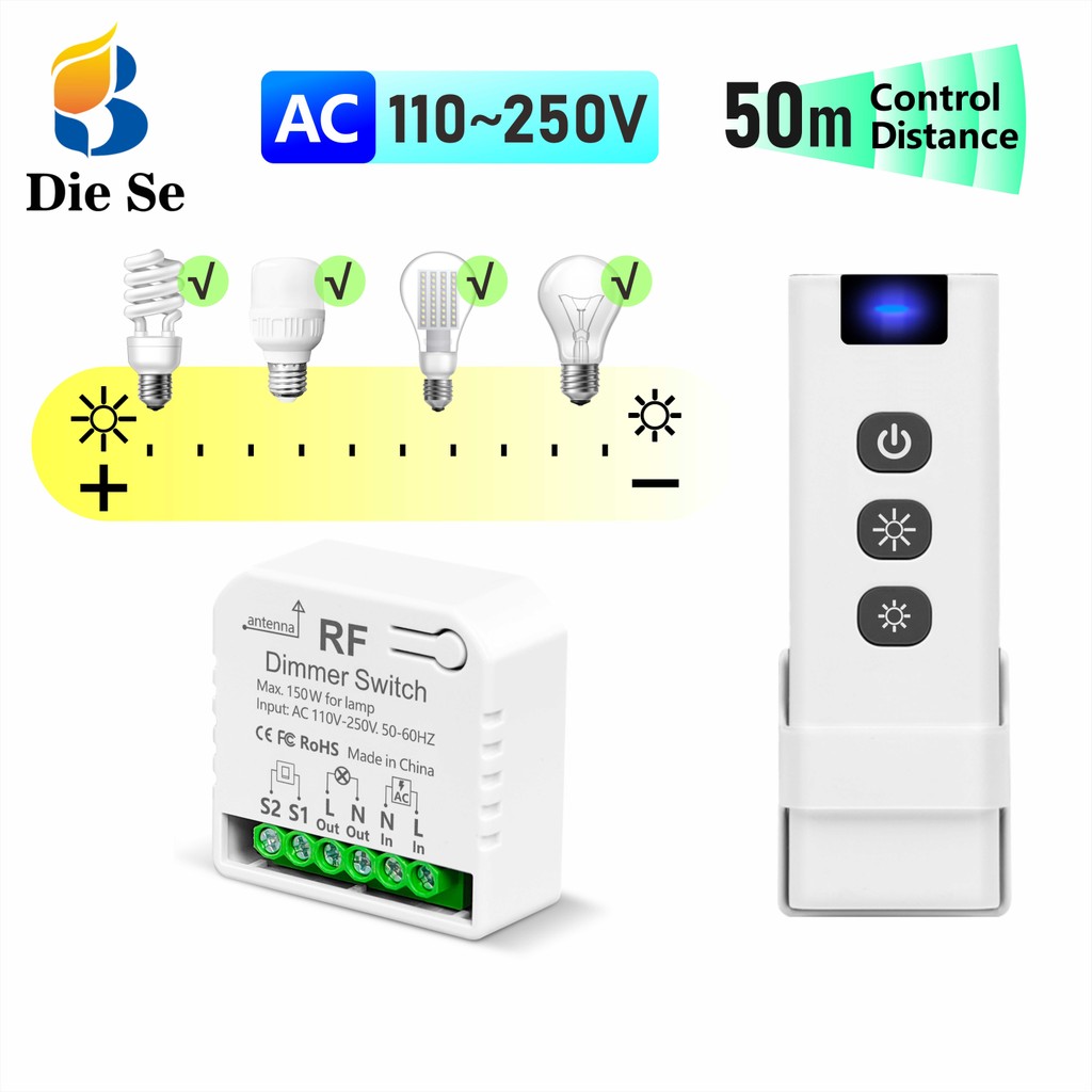 สวิตช์หรี่ไฟควบคุมระยะไกลไร้สาย RF 433MHz โมดูลรีเลย์หรี่ไฟ AC110V 220V สำหรับไฟ 10W-150W โคมไฟ LED