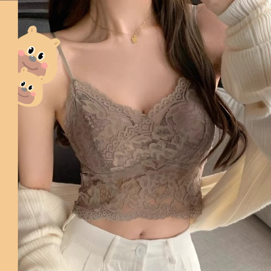 🎀bearbra🎀สายเดี่ยวลูกไม้ เซ็กซี่ ดีเทลสายลูกไม้ยืดได้ ฟรีไซส์มีฟองน้ำในตัว พร้อมส่ง