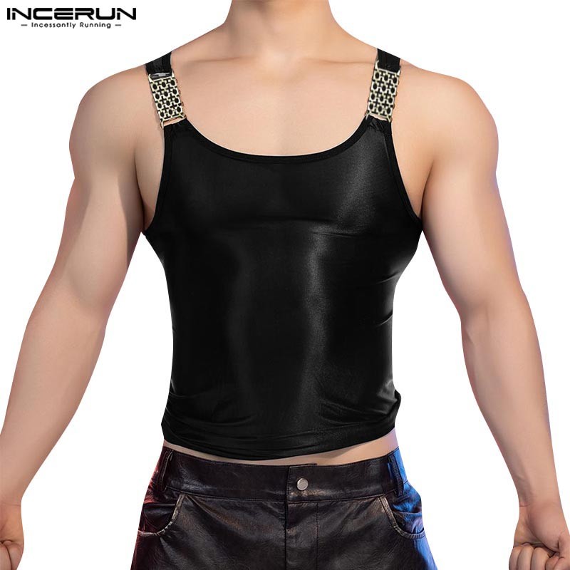 Incerun ผู้ชายวินเทจแฟชั่น Patchwork โลหะหัวเข็มขัดGlossy Design Tanks
