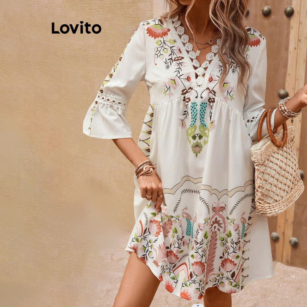 Lovito ชุดเดรสผู้หญิง แต่งลูกไม้ พิมพ์ลายชนเผ่า สไตล์โบโฮ LNL64114