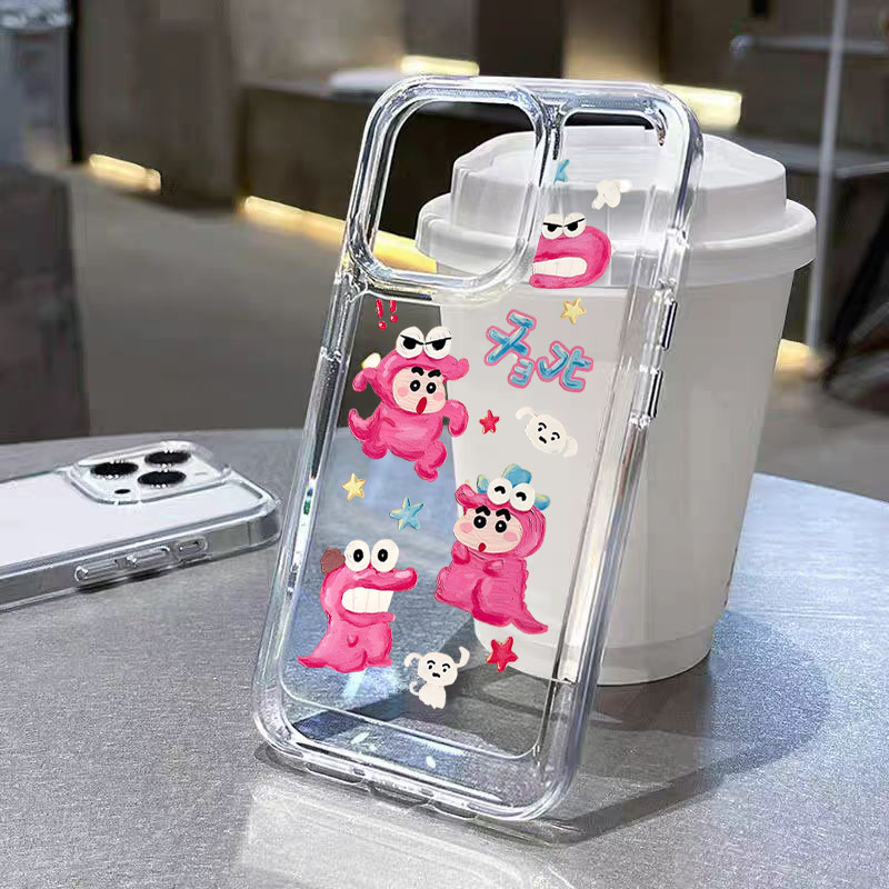 ส่งจากไทย ปุ่มชุบไฟฟ้า TPU นิ่มกันกระแทกเคสโทรศัพท์ for iPhone11 12 13 14 15ProMax XR XS X 7 8P ไดโนเสาร์สีชมพู