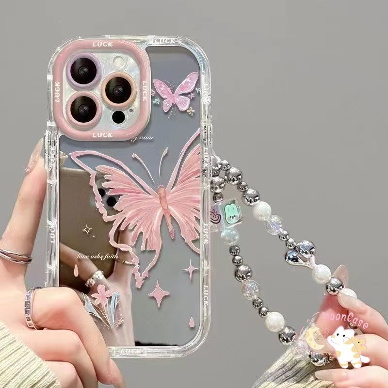 สีชมพู ผีเสื้อ เคสไอโฟน11 สำหรับ IPhone 12 13 16 15 11 14 Pro Max X XS XR 8Plus 7Plus Max 7 13 8 Plus SE พื้นผิวกระจก