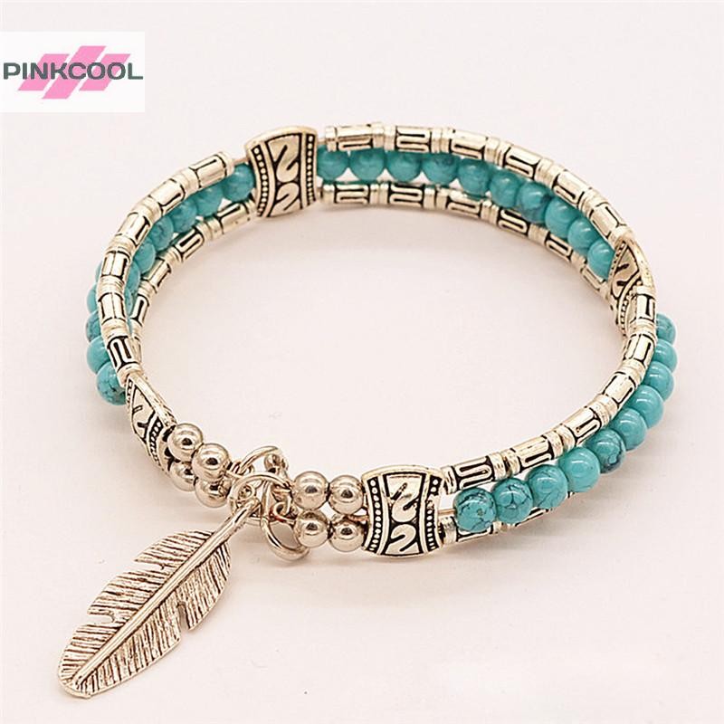PINKCOOL แฟชั่นกําไลข้อมือเงินทิเบตผู้หญิง Gypsy Turquoise Vintage Bohemian สร้อยข้อมือ HOT