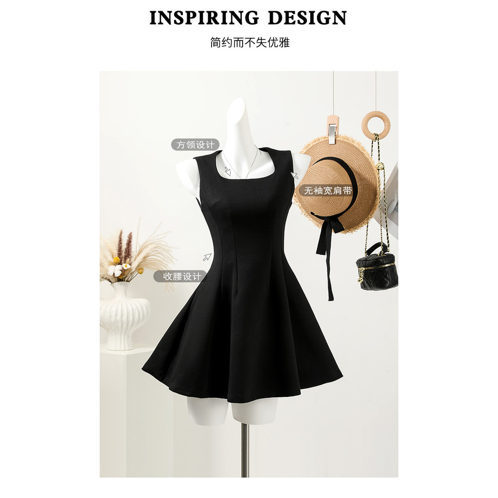ATA สีดำแขนกุดสำหรับผู้หญิง ชุดเดรสทรงเอ คอด้านหน้าเป็นสี่เหลี่ยม เหมาะสำหรับสวมในฤดูร้อน