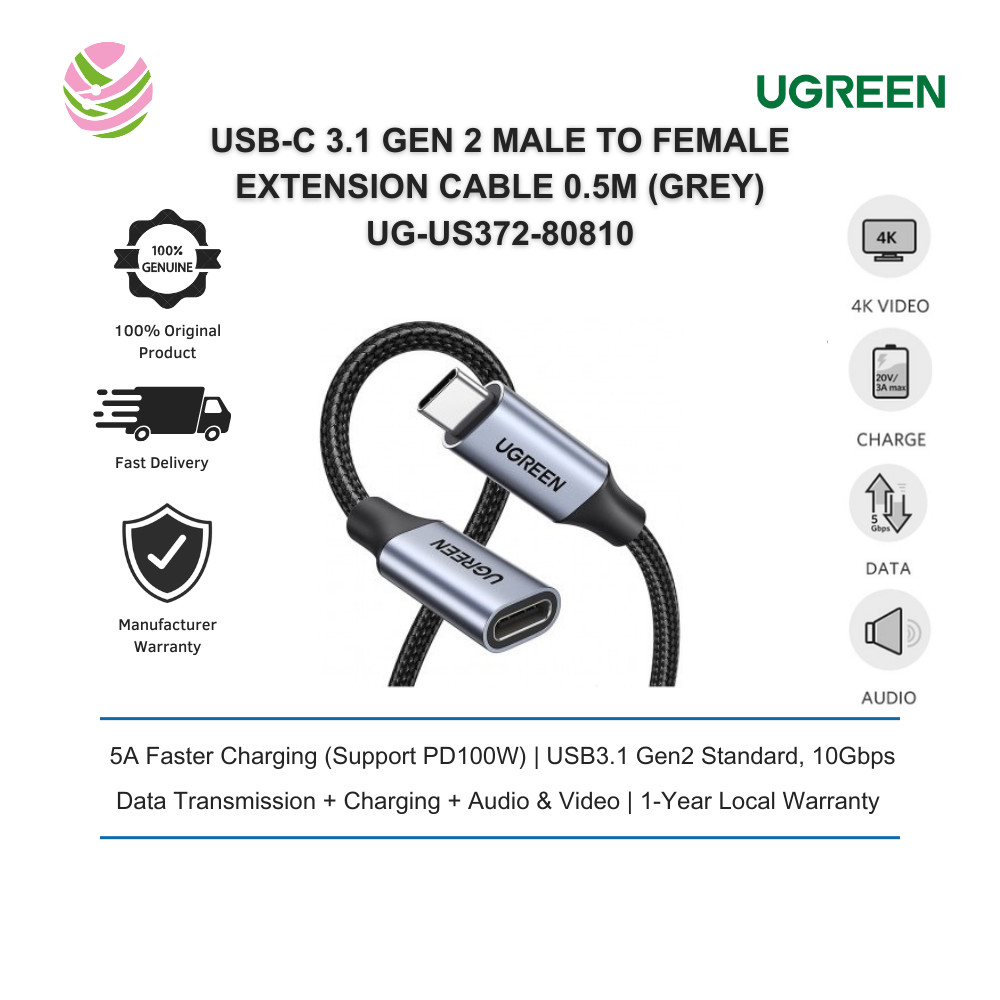 UGREEN USB-C 3.1 GEN 2 MALE TO FEMALE EXTENSION DATA CABLE 10GBPS 0.5M (GREY) UG-US372-80810
