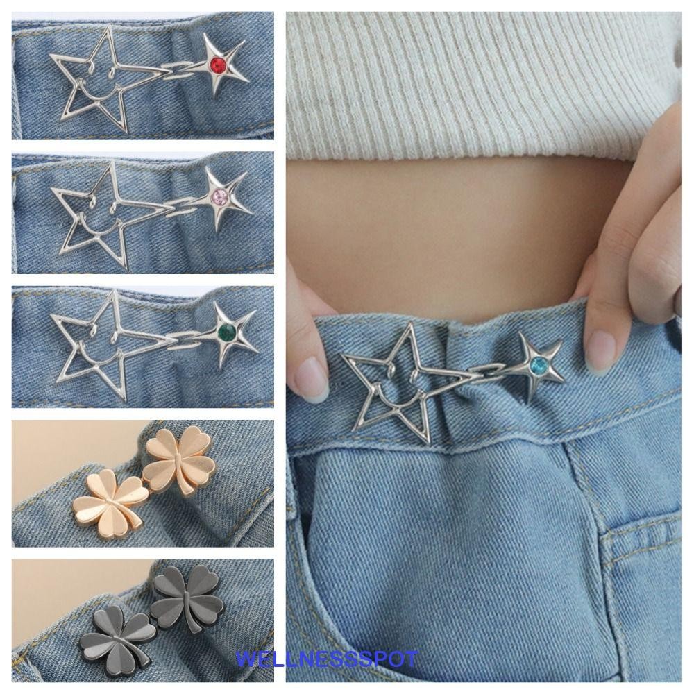Wellnessspot Hollow Star กางเกงกระชับปุ่ม,คริสตัลโลหะผสม Four Leaf Clover เอวหัวเข็มขัด,ปุ่มยิ้ม Clasps คลิปเอว Jean Fit กระชับหัวเข็มขัด