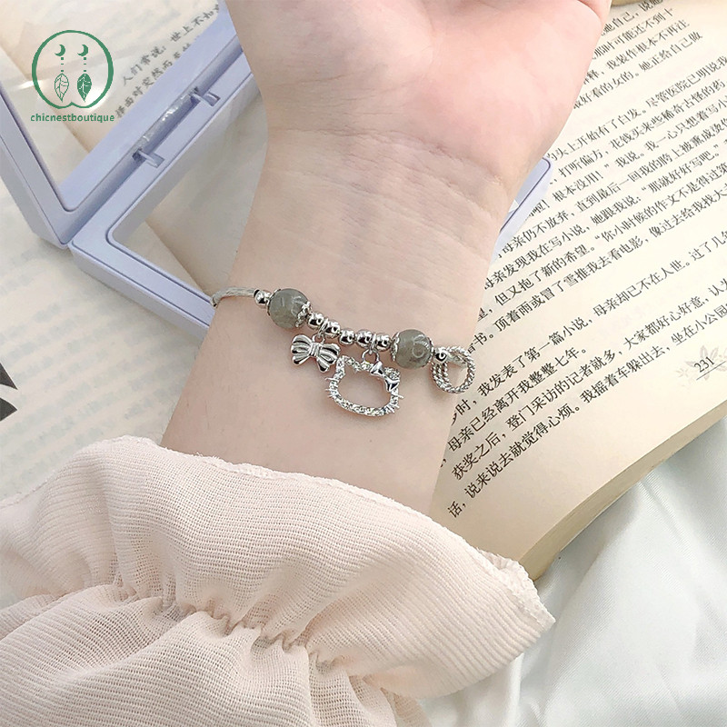 [Chicnest] Sanrio Hello Kitty Y2K สร้อยข้อมือโบว์โบว์อะนิเมะ Kawaii My Melody เงิน Moonlight หินผู้หญิงสาวเครื่องประดับของขวัญ Boutique