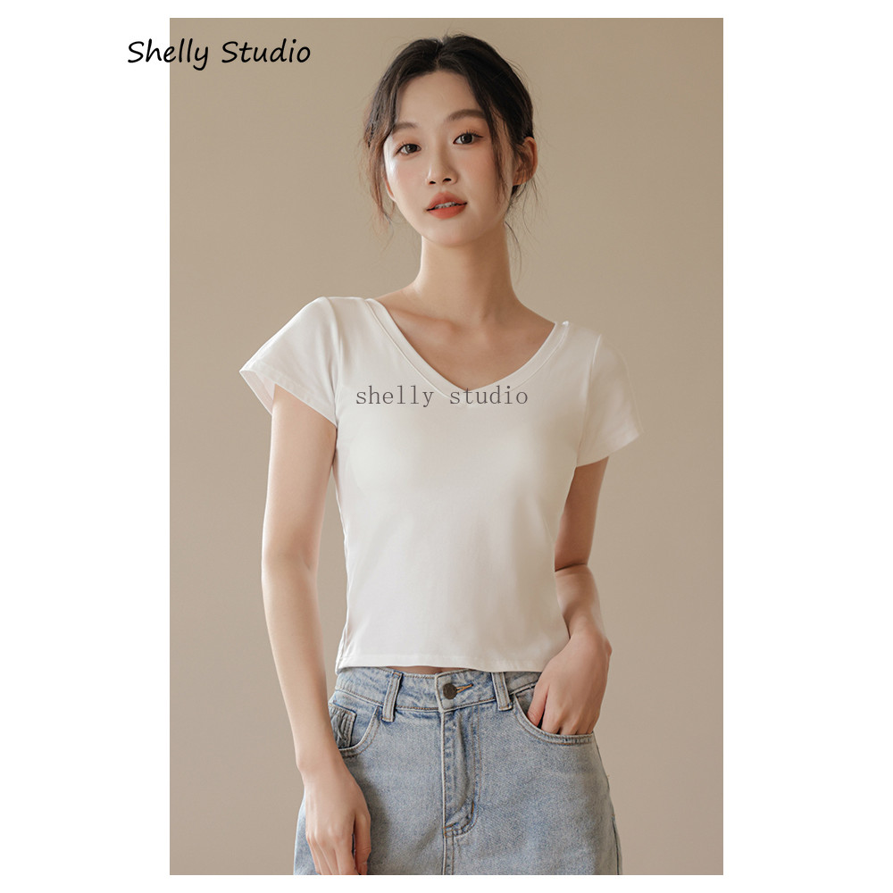 เสื้อยืดคอวีสีขาวแขนสั้นคอกลมขนาดใหญ่รวมถ้วยเสื้อครึ่งแขนด้านใน จุดต่ําสุด เสื้อด้านบน - รูปที่ 2